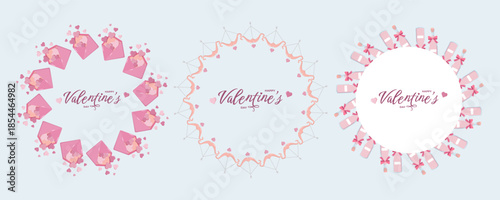 Set of romantic round frames made of envelopes, bow and arrow and bottle for Valentine s Day. Cute pastel design perfect for cards, invitations, banners, posters and social media