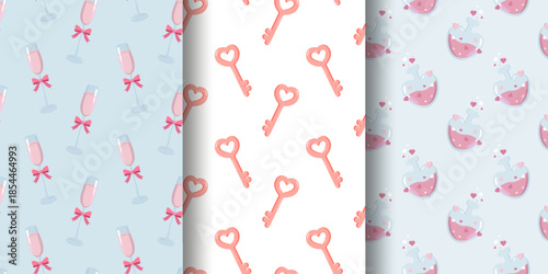 Set of three vertical panels with repeating patterns champagne glasses, heart-topped keys, and love potion bottles. Perfect for Valentine s Day, romantic designs, or celebration-themed graphics