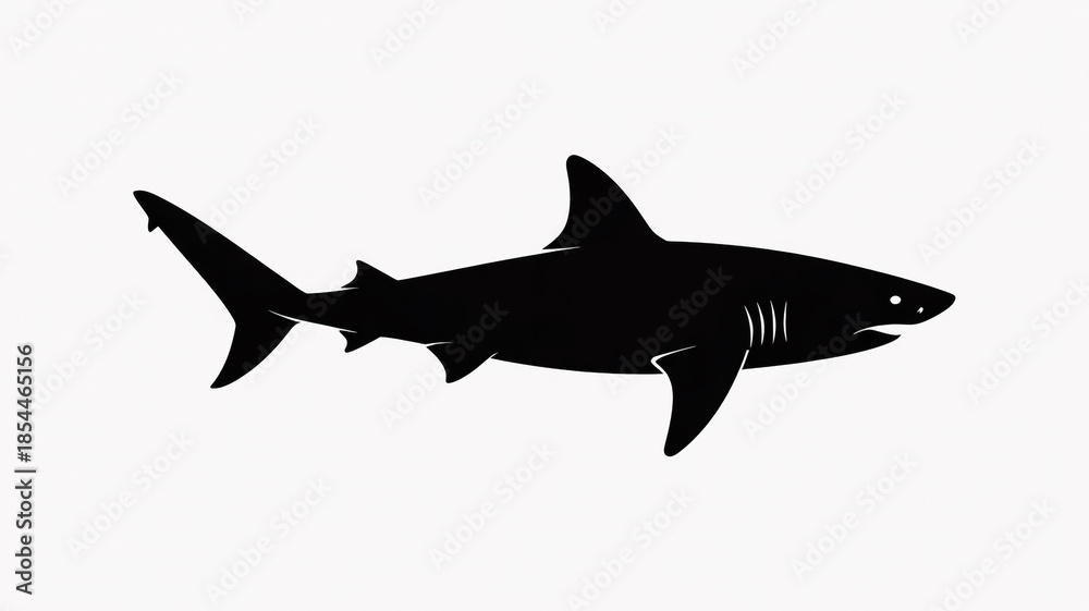 Fototapeta premium A black silhouette of a shark swimming horizontally across a white background