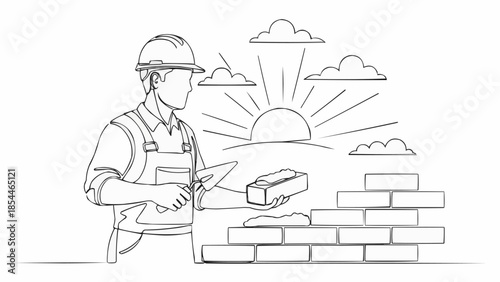 Construction worker building a brick wall at sunrise.