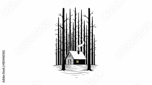 Cozy Cabin in a Dense Forest with Smoke from Chimney.