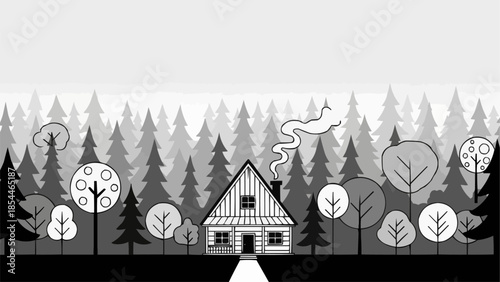 Cozy Cabin in a Dense Forest Landscape Illustration.