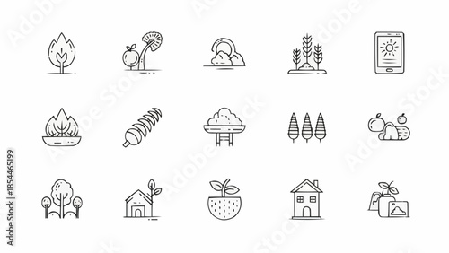 Collection of hand-drawn icons representing nature and agriculture themes.