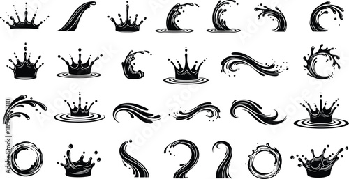 Vector Set of Black Water Splash Icons Featuring Dynamic Ocean Waves Liquid Droplets Crown Splashes and Ripples for Creative Graphic Design