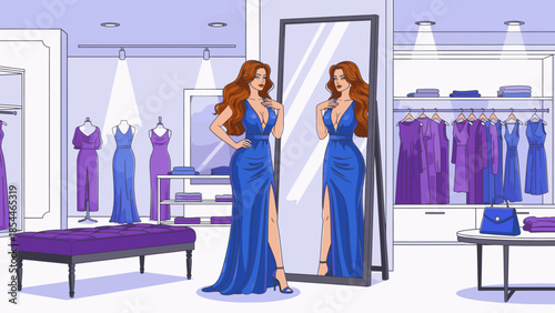 Woman trying on a blue formal gown in a clothing store