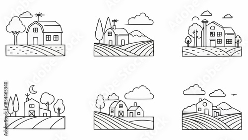 Collection of six line art illustrations of rural village scenes.
