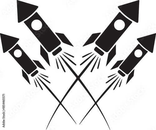 Four black rockets launching upwards with trails firework