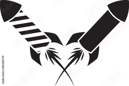 Two black fireworks rockets crossed with plumes of smoke