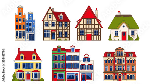 Collection of different style houses and buildings in cartoon style
