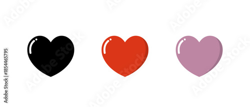 Shiny heart icon set in black, red, and pink colors. Romantic love and favorite symbol