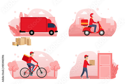 Online delivery service. Truck, scooter and bicycle courier