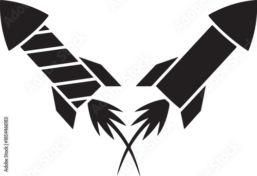 Two black rockets launching upwards with flames fire