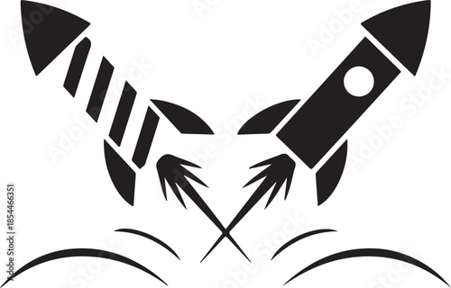 Two black rockets launching with fiery trails fire