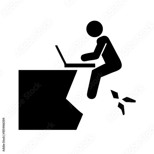 Business concept vector illustration. Businessman working on laptop sitting on the cracked cliff edge