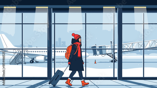 Woman walking through airport terminal with luggage and backpack