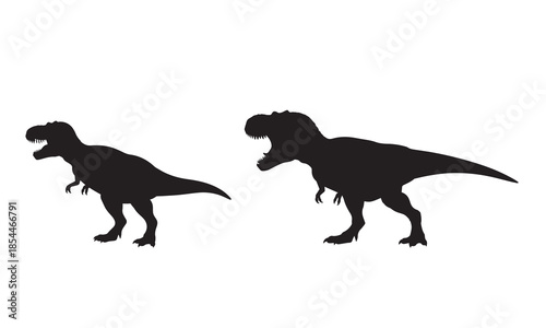 A black silhouette illustration featuring two different representations of a tyrannosaurus rex