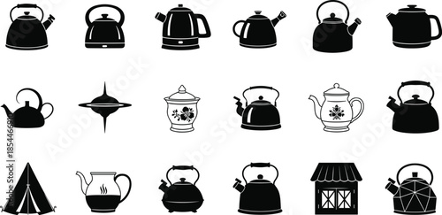 Collection of various black kitchen kettle and teapot icons isolated on white background, cad drawing flat vector illustration.
