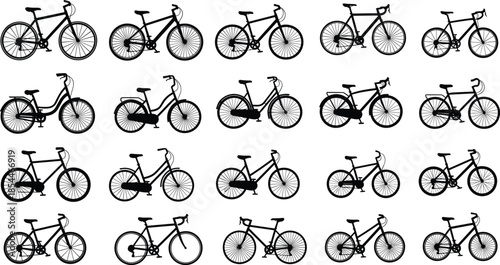 Bicycle icons set, cycling transport silhouettes, road bike collection, mountain cycle symbols, cad drawing flat vector illustration, isolated on white background
