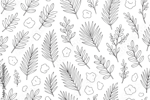 A seamless minimalist vector pattern showcases ornamental ferns, sakura flowers, and delicate blossoms, blending clean lines and natural elements to form a soothing, modern botanical background.