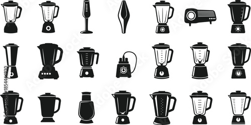 Blender icons set, kitchen appliance silhouettes, food mixer collection, electric juicer symbols, cad drawing flat vector illustration, isolated on white.
