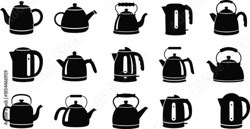 Collection of various teapot and electric kettle icons featuring modern and traditional designs, cad drawing flat vector illustration, isolated elements.