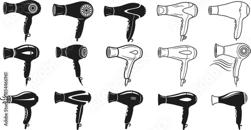 Collection of various hair dryer icons featuring different nozzle designs and silhouettes for salon use, cad drawing flat vector illustration.