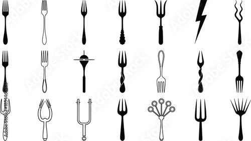 Collection of various fork and cutlery icons including dinner forks, decorative silverware, and abstract shapes, cad drawing flat vector illustration.