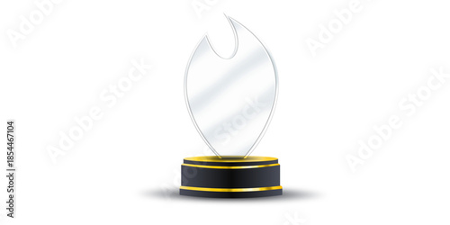 Flame glass trophy award on black gold pedestal for achievement recognition, corporate ceremony, and professional event branding