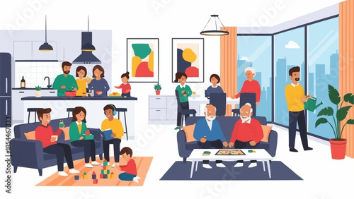 Diverse family gathering enjoying leisure time together indoors.