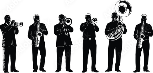 Brass band musicians silhouette set, professional male performers playing trumpet saxophone trombone and tuba instruments, jazz ensemble vector illustration black graphic icons