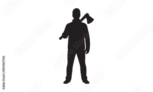 A black silhouette illustration of a man standing while holding an axe over his shoulder