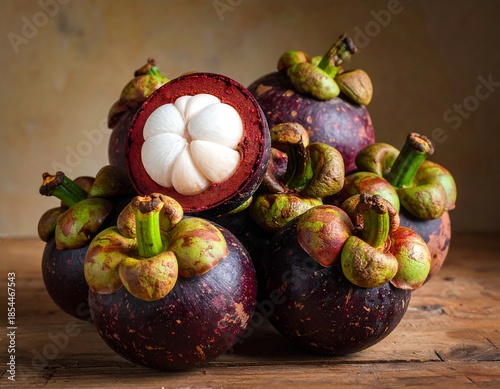 Close-up of several ripe, exotic purple fruits with green stems