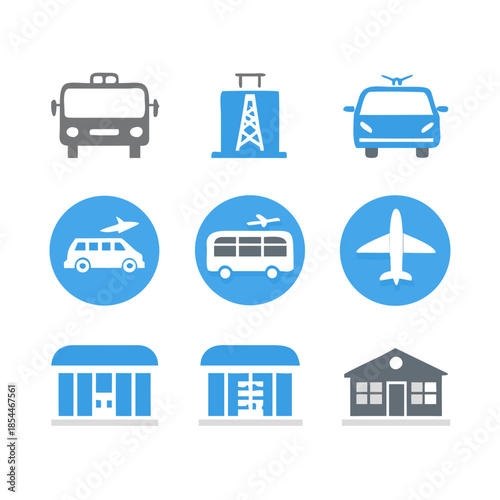 Urban mobility and public transport icon set. Solid glyphs of a train station, airport terminal, bus depot, and car rental service. Vector symbols for travel, city life, and transportation.
