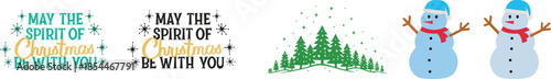 Merry Christmas icon set. Merry Christmas typographic emblems. Collection of festive Christmas icons including a stocking gingerbread snowmen and a tree. Vector illustration of pine silhouette.