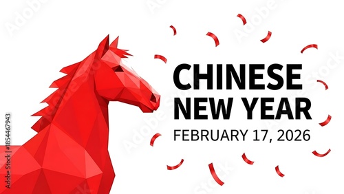 Festive red geometric horse graphic announces the upcoming chinese new year celebration scheduled prominently for february seventeenth two thousand twenty six featuring bold black typography and falli