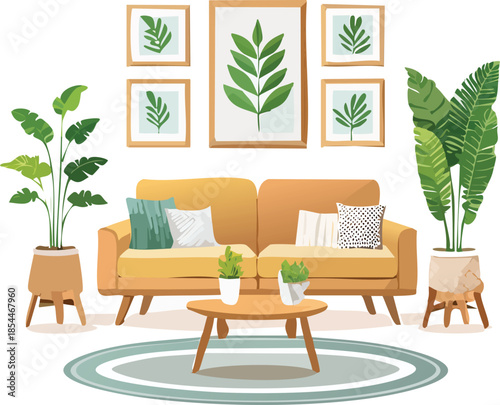 Cozy Living Room Interior Design with Lush Greenery and Modern Furniture