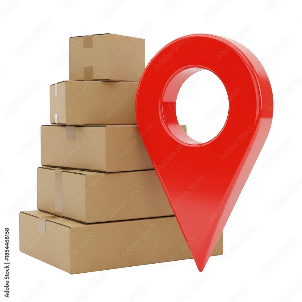 Obraz premium Stack of shipping boxes with red location pin icon isolated on transparent background