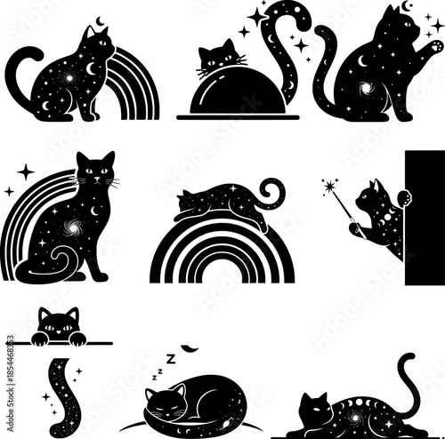 Celestial Galaxy Cat Icon Set with Mystical Stars and Moon Patterns