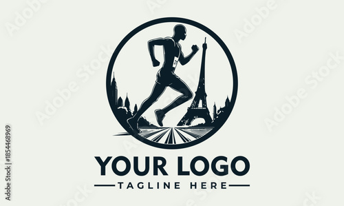 Energetic runner vector logo design with an athlete silhouetted against a famous city landmark, suitable for sports, travel, and event branding