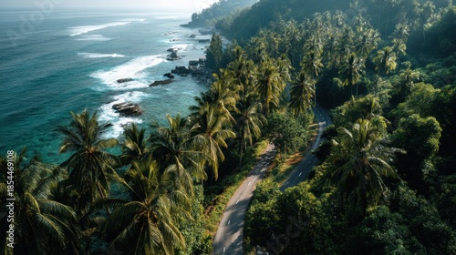 A coastal road curves through tall palm trees near the ocean. The waves crash against the rocks as sunlight shines on the water. The scene shows nature and tranquility in a tropical setting.