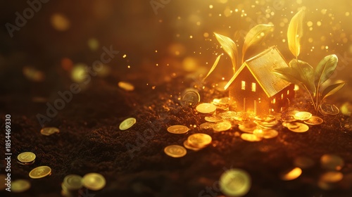 Golden house growing from coins, plant sprouts, dark background. Investment growth