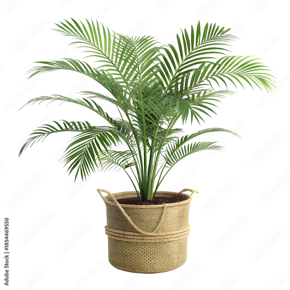 Obraz premium Indoor Parlor Palm Plant in a Woven Wicker Basket isolated on transparent background