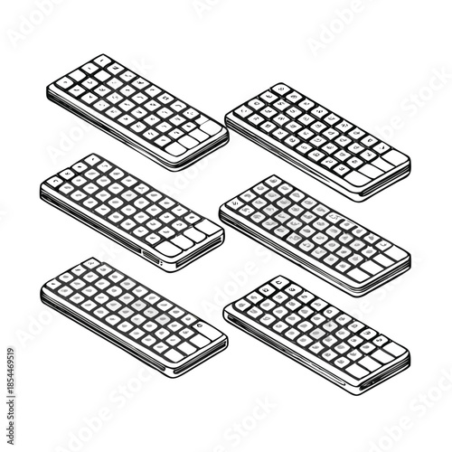 Four isometric computer keyboards line art technology