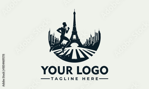 Stylish vector logo illustrating a determined runner in a vibrant urban marathon setting, featuring iconic city architecture for a dynamic sports brand