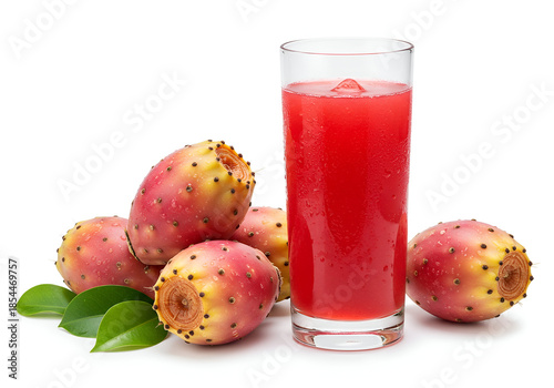 Fresh prickly pear fruits surrounding a tall glass of vibrant red juice with ice against white background