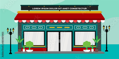 Flat design store front with place for name