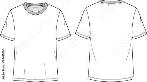 Basic t-shirt sketch, short sleeve top, fashion flat drawing, apparel vector template, cad garment illustration, clothing design mockup
