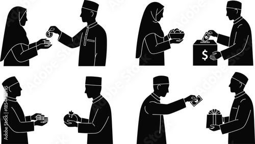 Charity and giving silhouette vector set, donation illustration, community support icons, black graphic design, cultural generosity art, helping hand concept