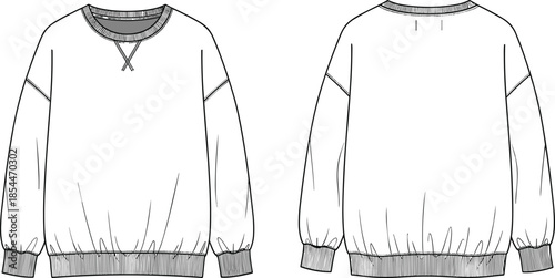 Crewneck sweatshirt sketch, fashion flat drawing, long sleeve top, ribbed cuff design, apparel vector template, cad garment illustration