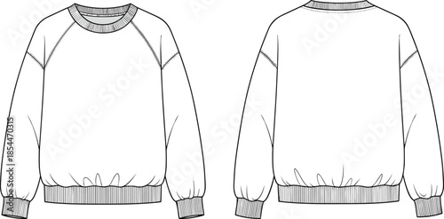 Crewneck sweatshirt flat sketch, raglan sleeve design, front and back view, ribbed cuffs, fashion CAD, apparel vector, garment illustration